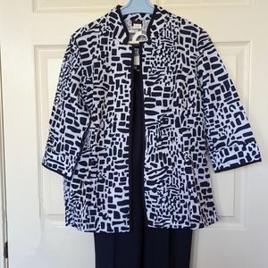Salon Studios Black/Navy & White 3 PC Set Solid Black Pants, Print Tank & Jacket
